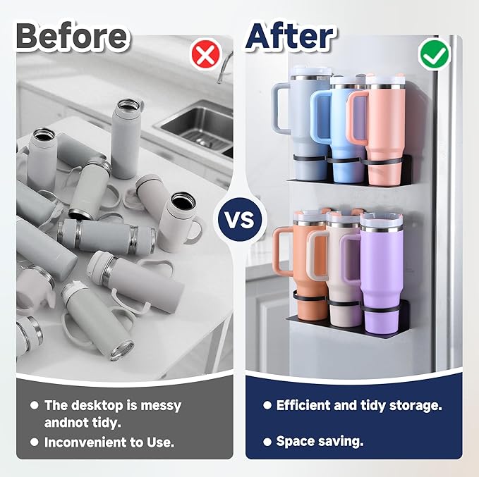 2 Pack Magnetic Stanley Cup Holder - Water Bottle Organizer for Stanley 30&40 oz Tumbler & 1 Pack Magnet Paper Towel Holder Without Drilling, Black Kitchen Storage Rack