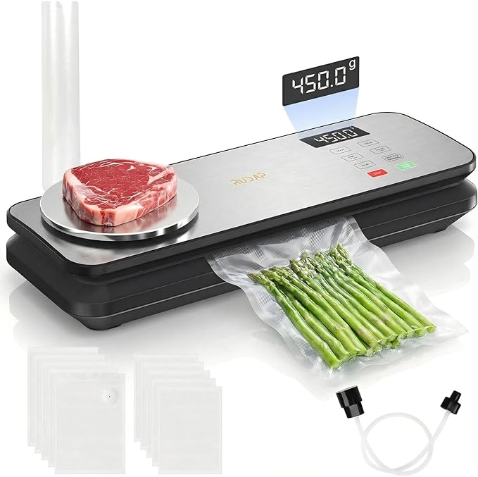 Vacuum Sealer for Food, 90kPA Powerful Food Saver Vacuum Sealer Machine with Digital Kitchen Scale, 12-in-1 Food Vacuum Sealer with Dry & Moist Food Modes, 10 pcs & 1 Roll Vacuum Bags, Starter Kits