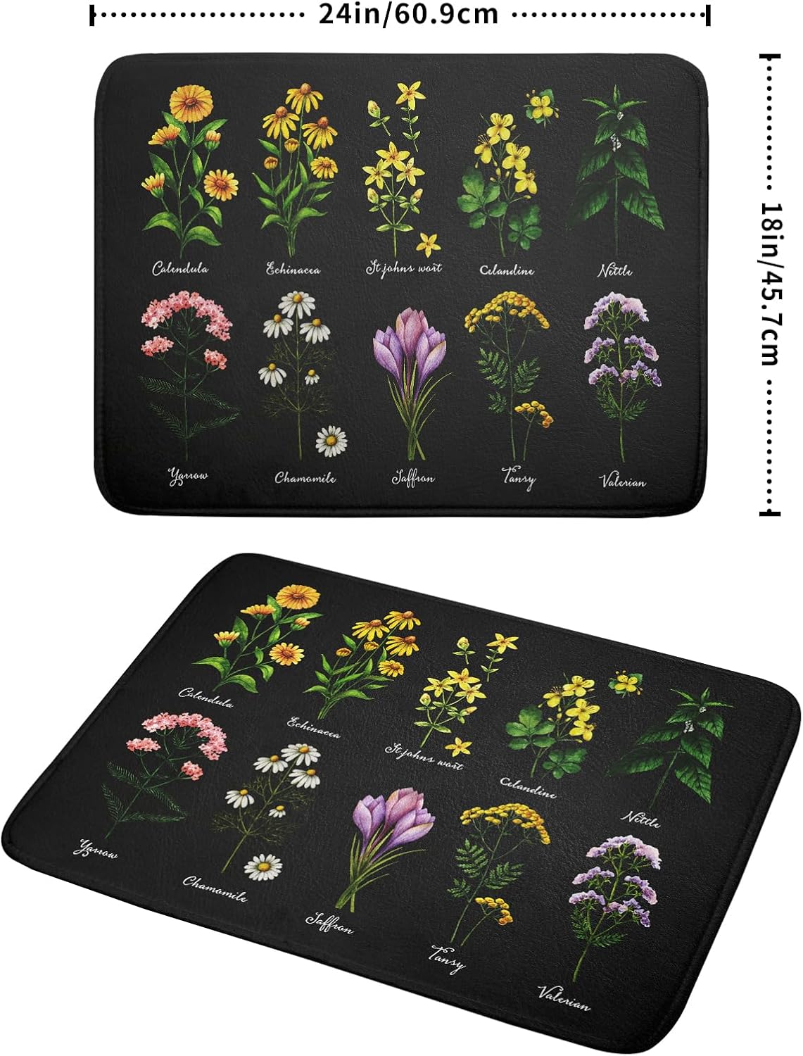 Black Flower Herbs Dish Drying Mat 18x24 Inch Botanical Floral Microfiber Drying Mats with Hanging Loop Foldable Absorbent Dish Drainer Rack Pad