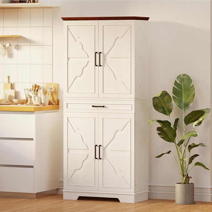 IRONCK Farmhouse Kitchen Pantry Cabinet, 72" Height Tall Freestanding Cupboard with Sliding Storage Rack and 6 Hanging Shelves for Kitchen, Dining Room, White