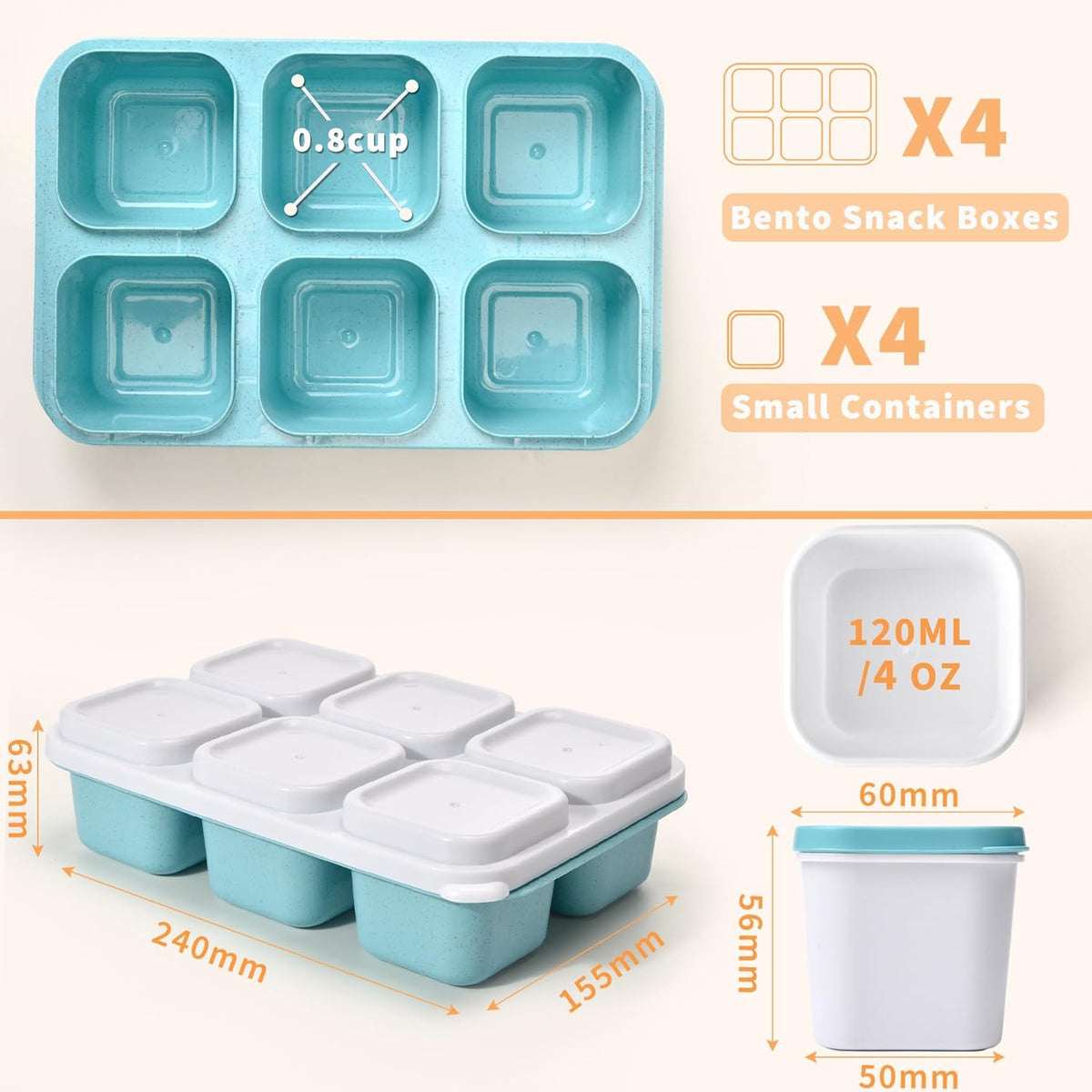 4-Pack Bento Box & Snack Containers for Kids & Adults | 6-Compartment with 4 Sauce Cups | BPA-Free, Dishwasher Safe | Ideal for School, Office, Picnic & Travel (38oz/1100ml)