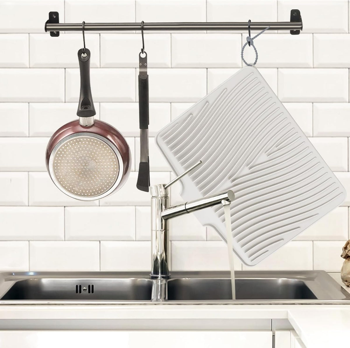 Silicone Dish Drying Mat, Stone Drying Mat for Kitchen Counter with Built-In Drain, Non-Slip Drain Pad with Built-in Drain, Heat Resistant Stone Drying Mat, 1Pcs 19.7" x 17", Cream