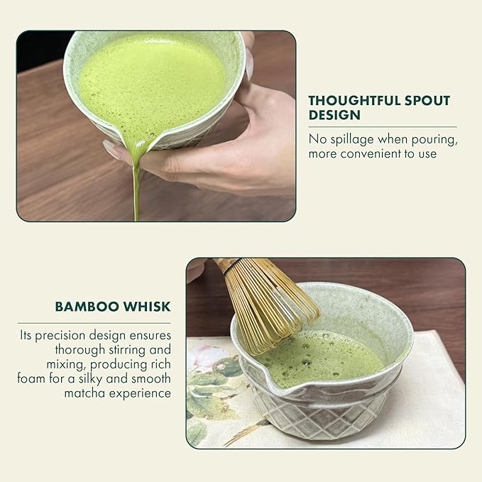 Matcha Whisk Set,9 Pcs Matcha Set with Matcha Bowl,Spout, Bamboo Whisk, Spoon Stand, Scoop, Sifter, Towel, Teaspoon and Glass Measuring Cup for Making Breakfast/Latte, Gift for Matcha Lover,Green