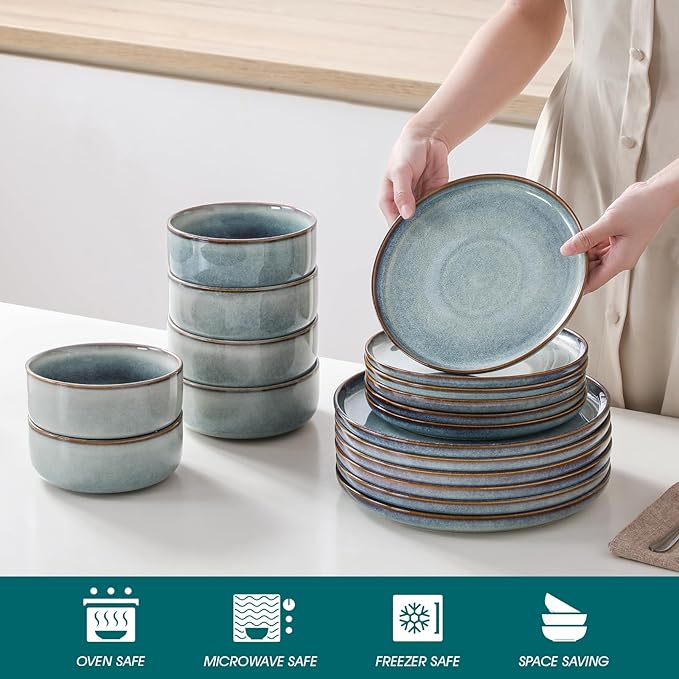 vancasso PLAYA Plates and Bowls Sets, 18 Pieces Light-Blue Dinnerware Sets for Kitchen, Reactive Glaze Dishes Set for 6, Dishwasher and Microwave Safe