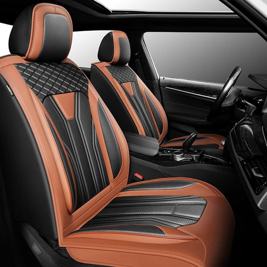 Fit Frontier Car Seat Covers Premium Leather for Nissan Frontier 2009-2025 2026. Waterproof， Breathable, Scratch-Resistant & All-Weather Seat Cushion Protector（Front Seat,Brown&Black