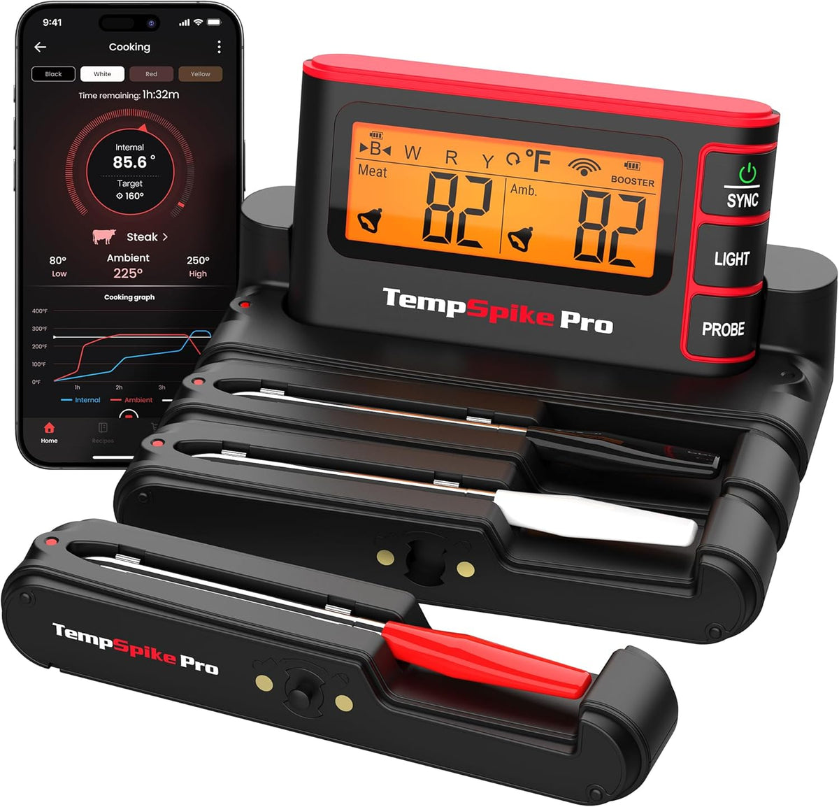 TempSpike Wireless Meat Thermometer Digital with App, WiFi & Bluetooth BBQ Grill Thermometer with High Precision, Waterproof & Heat-Resistant Probes, Rechargeable Base with Display for BBQ Smoker Oven