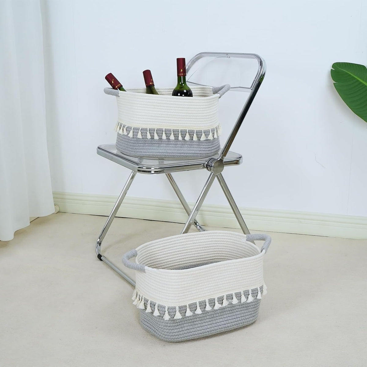 TeoKJ Storage Basket 3 Pack for Organizing, Cotton Rope Baskets for Toy, Clothes, Blankets, Decorative Basket for Living Room, Nursery, Bathroom, White & Gray