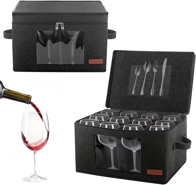 Foyego 2 Pack Wine Glass Storage Box with Dividers, Stemware Storage Containers for Packing and Moving, China Storage Containers Box for 12 Crystal Glassware, Wine Glasses, Drinkware,Dark Gray