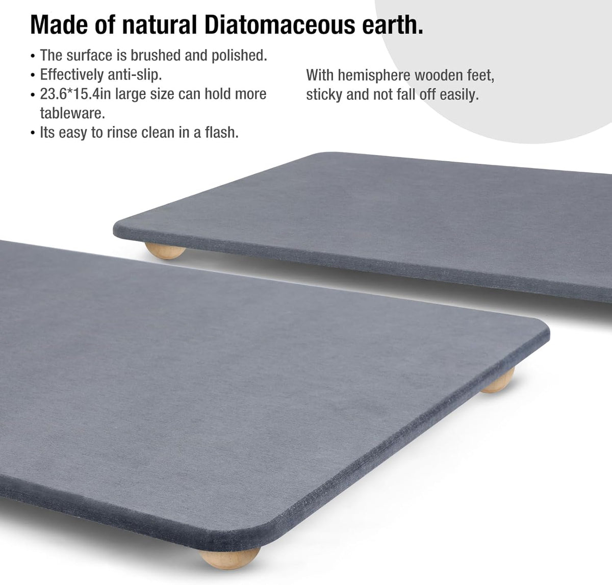 Stone Dish Drying Mat for Kitchen Counter, 16"×12" Quick Dry Super Absorbent Eco-Friendly Diatomaceous Earth Stone Mat with hemisphere wooden feet, Non-slip, Heat Resistant, Multi-purpose mats.
