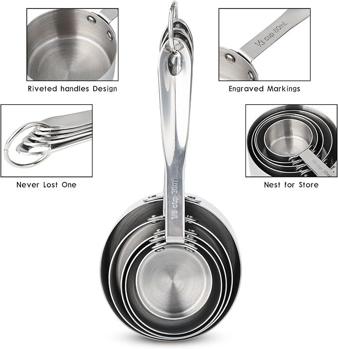 Measuring Cups Set of 5, Stainless Steel Measuring Cups Set, Kitchen Measuring Cup Set, Metal Measuring Spoons for Baking, Dry Measuring Cups, Heavy Duty Measurement Cups with 1/8 Measure Cup