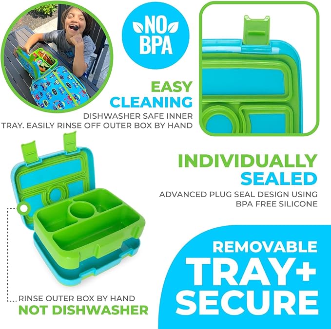 kinsho Bento Lunch Box and Insulated Bag, Water Bottle & Ice Pack Set for Kids Toddlers, 4 Portion Sections, Removable Tray, PreSchool Kid Toddler Daycare Lunches, Snack Container, Robot