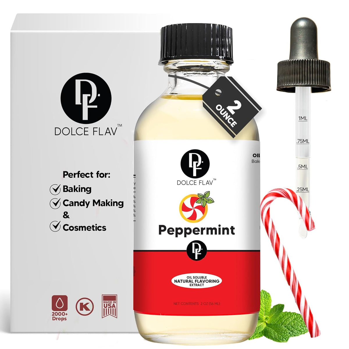 Dolce Flav Natural Peppermint Extract – 2 Ounce Oil-Soluble Kosher, Sugar-Free, Concentrated Pure Mint Flavor for Hard Candy, Chocolates & Baking, Includes Measured Dropper