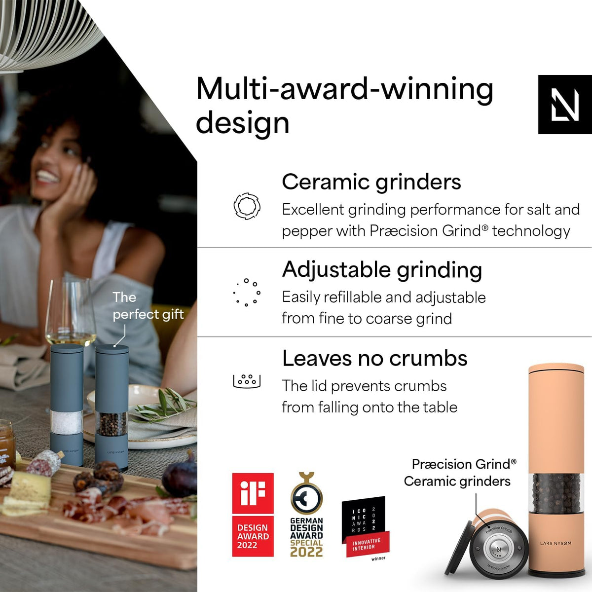 LARS NYSØM Salt and Pepper Grinder Set Manual, Stainless Steel Salt and Pepper Mills with Adjustable Ceramic Grinder I Design Spice Shakers (Creamy Peach)