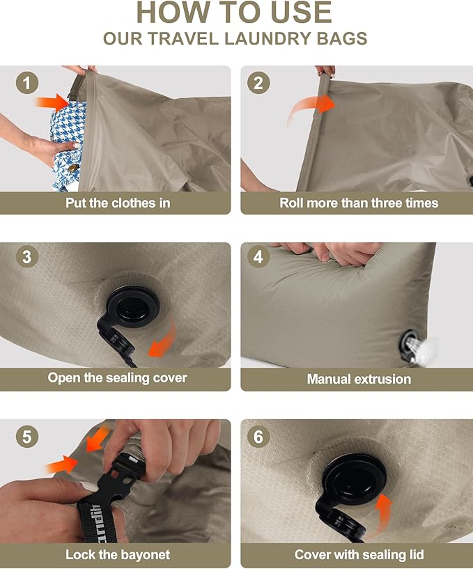 Travel Laundry Bag, Pump Free Vacuum Storage Bag Reusable Compression Dirty Clothes Travel Bag Waterproof Wet Dry Bags Large Capacity Space Saver Bags Camp Clothes Organizer (1 Pcs)(Gray, M)