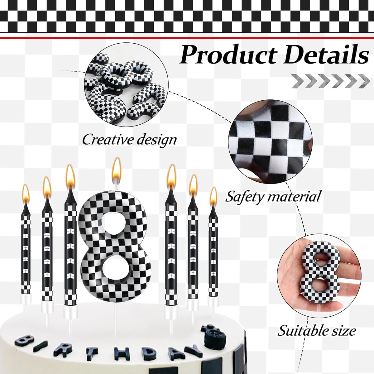 13 Pcs Racing Cars Themed Birthday Candles Black and White Race Number 8 Checkered Candle Cake Topper for Racing Car Party Decoration Supplies (Number 8)