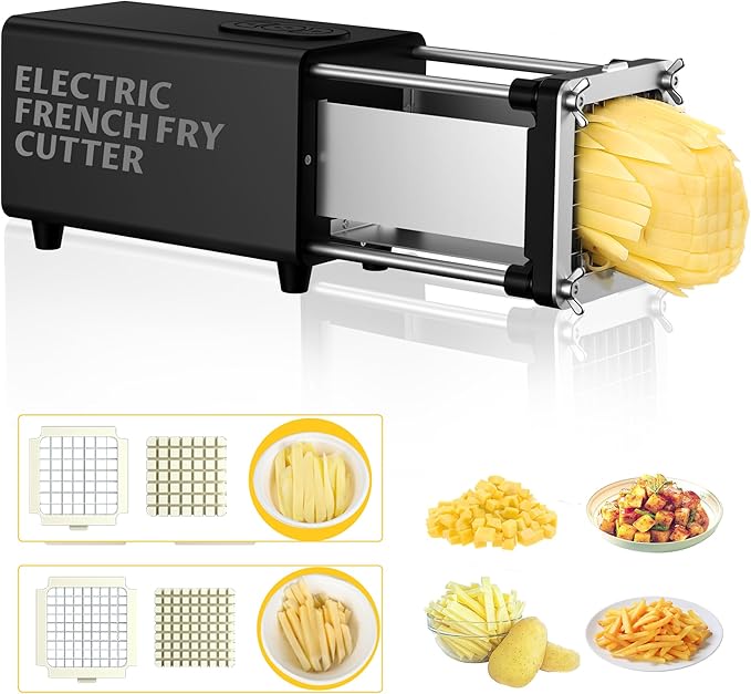 YOTAN Electric French Fry Cutter, French Fry Cutter with 1/2 & 3/8 Inch Blade, Commercial and Household Electric Potato Cutter, Automatic Potato Slicer, Vegetable Cutter, House Warming Gifts (Black)