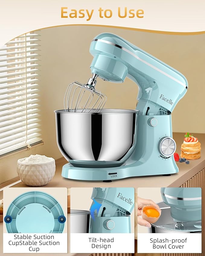 Tilt-Head Stand Mixer, 5QT+6QT Stainless Steel Two Bowls, 10 Speeds Kitchen Electric Food Mixer with Egg Whisk, Dough Hook, Beater, Dishwasher-Safe Attachment (Blue)