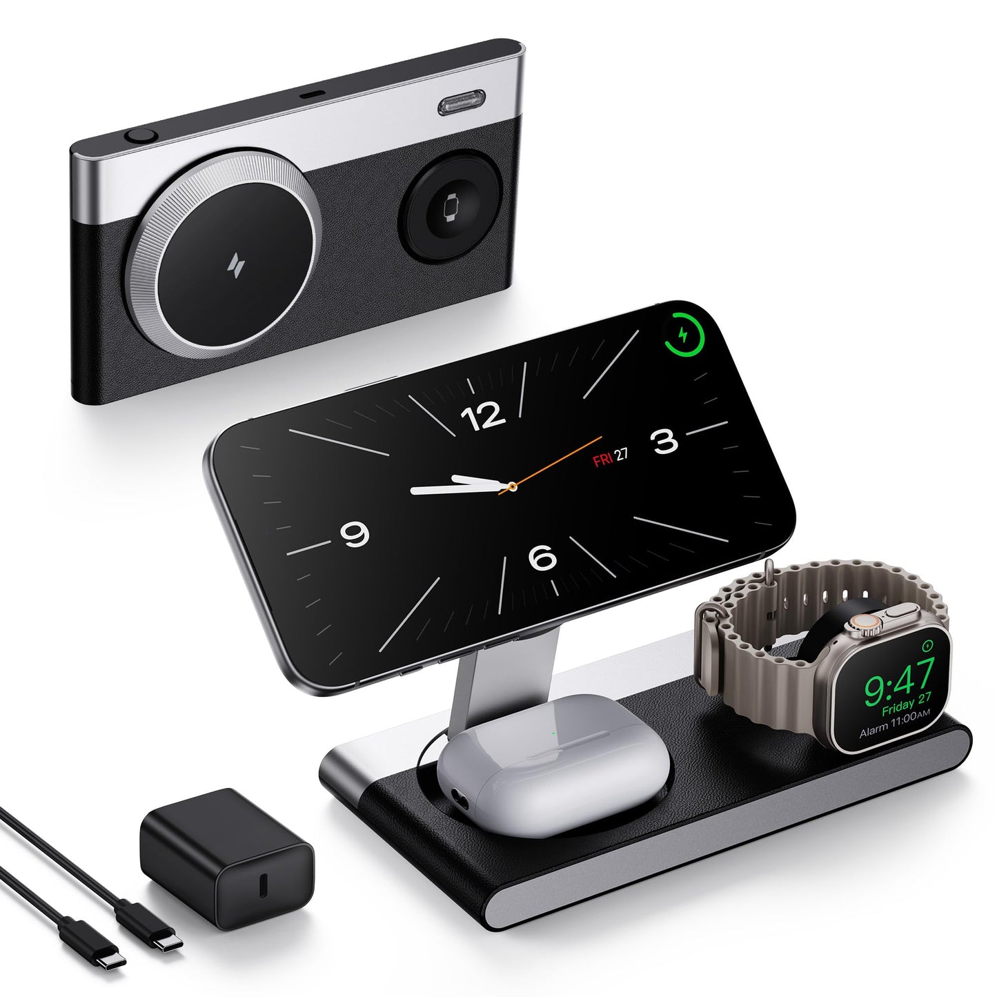 3 in 1 Magnetic Wireless Charging Station for Apple Devices,Foldable Wireless Charger Stand for Magsafe iPhone 17 Air 16/15/14/13/12,Apple Watch,AirPod,Wireless Charger Dock with Night Light