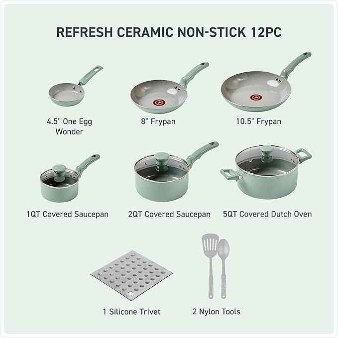 T-Fal Refresh Ceramic Nonstick Cookware Set, Oven Safe Up to 350ºF, 12-Piece, Includes Stockpot, Griddle, Frying Pans, Utensils, Ceramic Pots and Pans Set, Mint Green