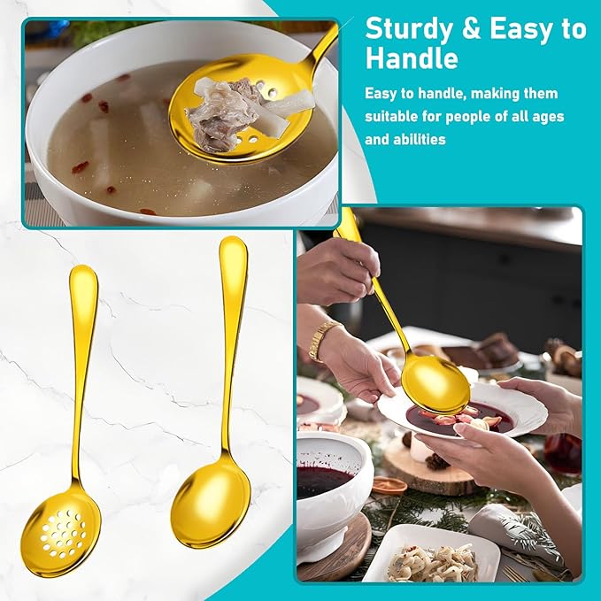 Serving Utensils, 15 Pcs Stainless Steel Large Flatware Serving Tools Kit, Included Spoons, Forks, Tongs, Slotted Spoon, Ladle, Cake Server for Kitchen Catering Banquet Wedding Buffet Party, Gold