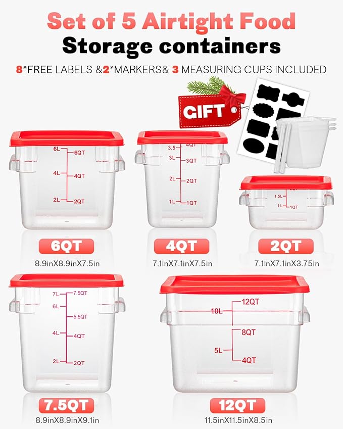 4QT NSF Food Storage Containers: 8 PCS [Food Grade][Hot&Cold Resistant] Commercial Clear Food Storage Containers with Lids for Restaurant Kitchen Proof Dough, Measuring Spoons Included(Red)