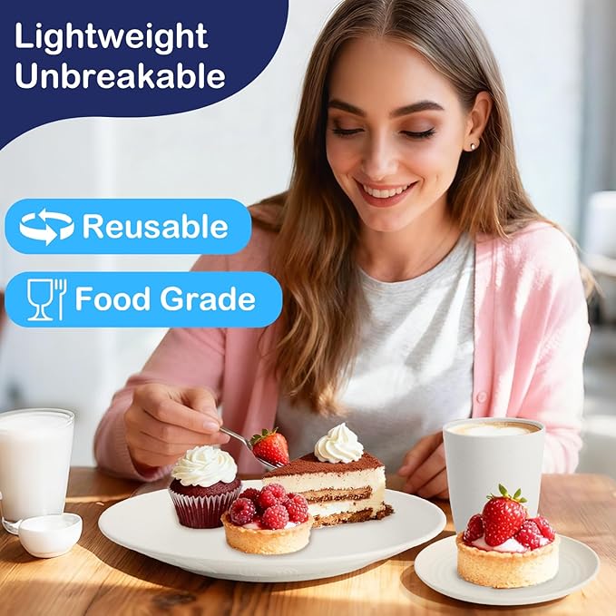40 PCS Wheat Straw Dinnerware Sets, Service for 8 - Dinner Plates, Cereal Bowls, Drinking Glasses, Unbreakable Plastic Plates and Bowls Sets, Dishwasher and Microwave Safe for Kitchen - White