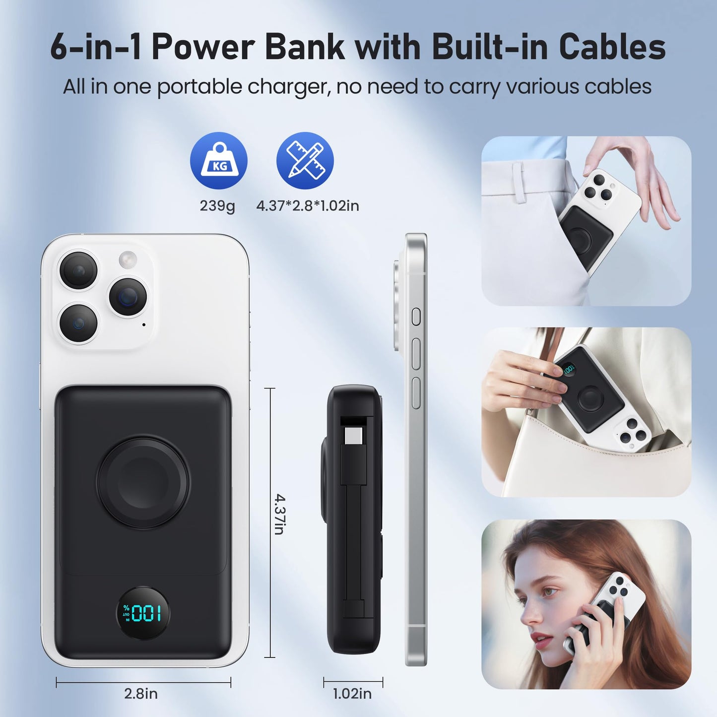 Ekrist Magnetic Portable Charger 10800mAh for MagSafe with Built-in Cable,iWatch Charger,Wireless Power Bank Travel Essentials,25W Fast Charging Battery Pack for iPhone 17/16/15/14,Apple Watch(Black)