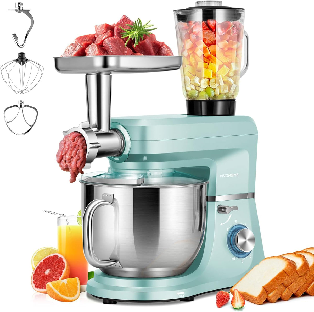 VIVOHOME 6 in 1 Multifunctional Stand Mixer with 8.5 Quart Stainless Steel Bowl, 660W 10 Speed Tilt-Head Meat Grinder, Juice Blender, Vegetable Slicer, Pasta and Cookie Maker, Blue