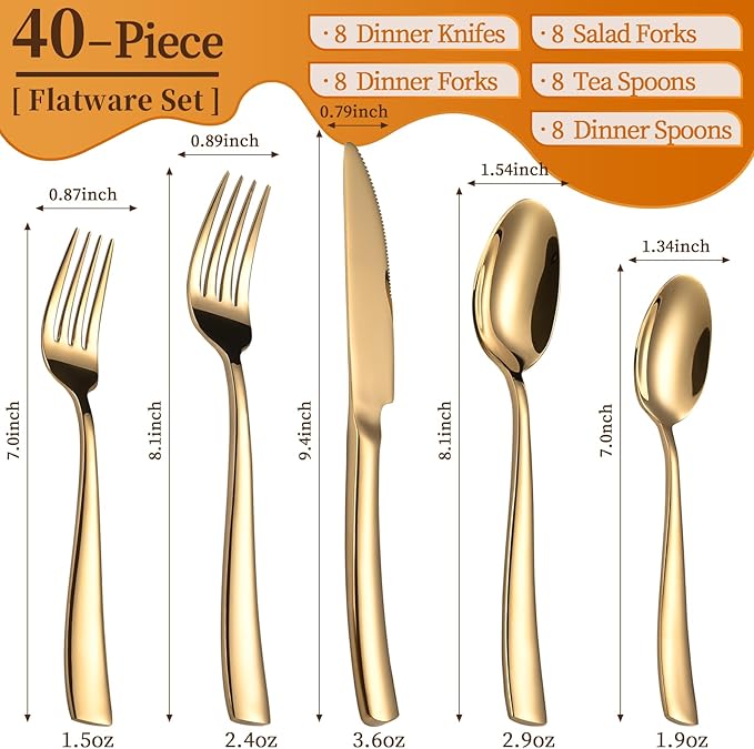 40-Piece Black Silverware Set, Heavy Duty Stainless Steel Flatware Cutlery Set Service for 8, Food-Grade Utensil Sets for Home Restaurant, Dishwasher Safe (Gold, 40)