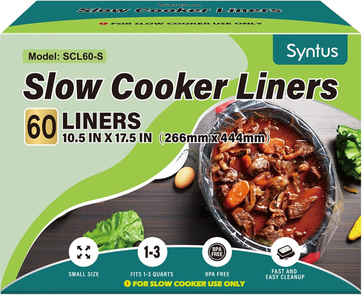Syntus Slow Cooker Liners, 60 Count Cooking Bags Small Size Disposable Pot Liners Plastic Bags, Fit 1QT to 3QT for Slow Cooker Cooking Trays, 10.5"x 17.5", 60 Liners
