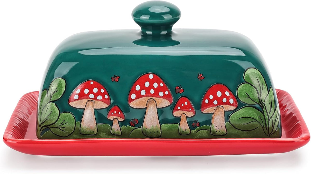 Fungi Fun Mushroom Butter Dish With Lid – Cute Cottagecore Ceramic Storage Container, Vintage French Covered Tray, Boho Farmhouse Kitchen Decor Gift, Unique Countertop Holder (Dark Green, Standard)