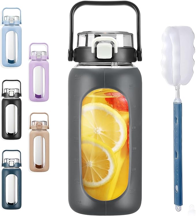 BLUEGO 64oz Glass Water Bottles with Straw Time Marker Half Gallon Large Motivational Water Bottle with Silicone Sleeve 2 Liter Large Glass Water Jug for Gym, Sports& Workout, Daily, Dark Grey