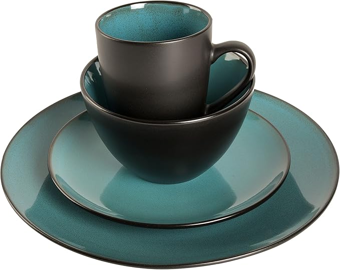 Gibson Elite Soho Lounge 16-Piece Round Reactive Glaze Stoneware Dinnerware Set, Service for 4 – Teal Plates and Bowls