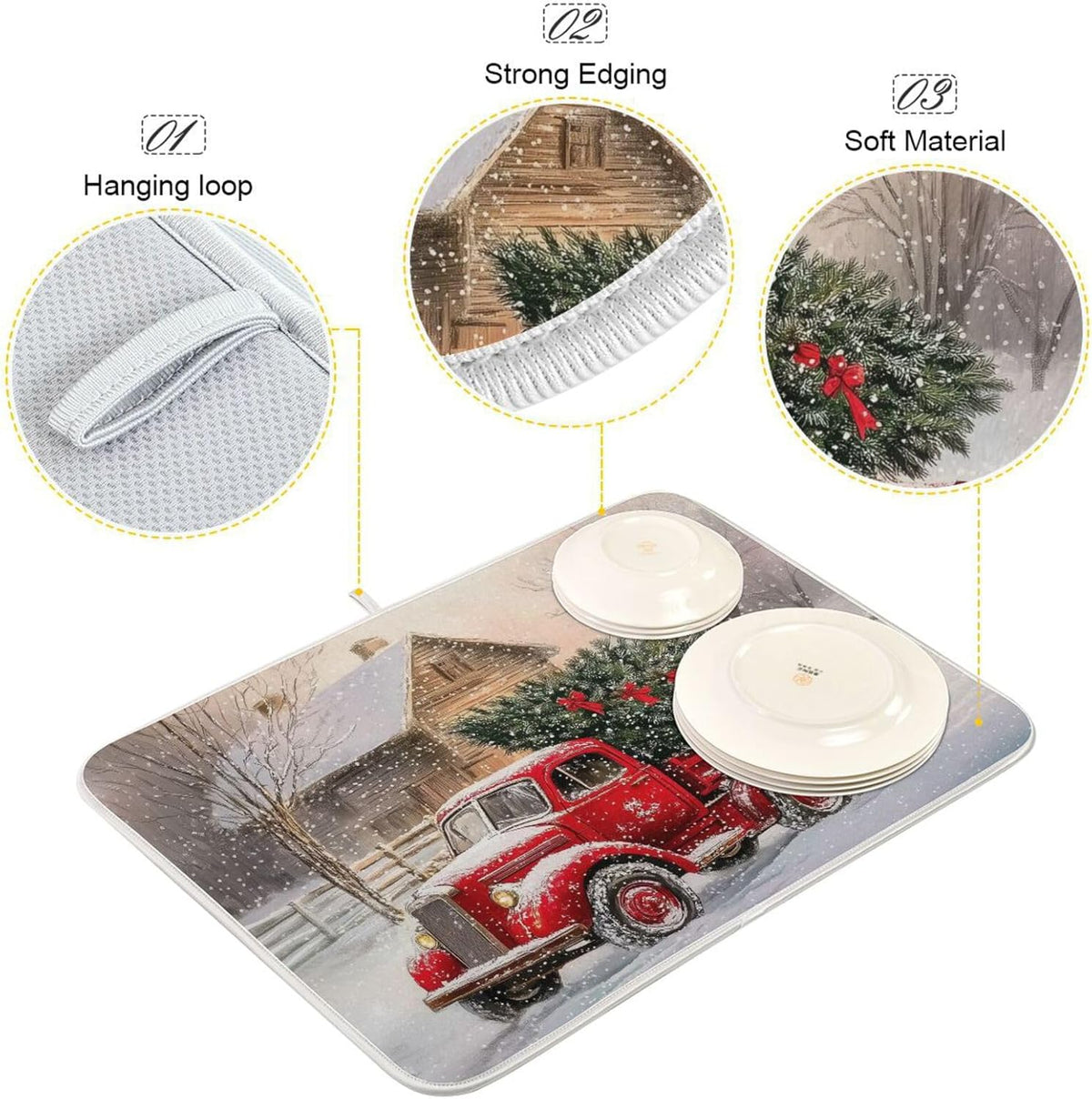 Red Christmas Truck Dish Drying Mat for Kitchen Counter Absorbent Microfiber Drying Pad, Medium 16x18 in, Reversible Drainer Mats