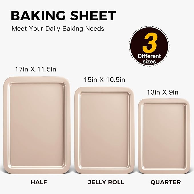 HONGBAKE Cookie Sheets, Baking Sheet Set, Nonstick Oven Pan with Wider Grips, 3 Pack Half/Jelly Roll/Quarter Baking Tray, Premium & Dishwasher Safe