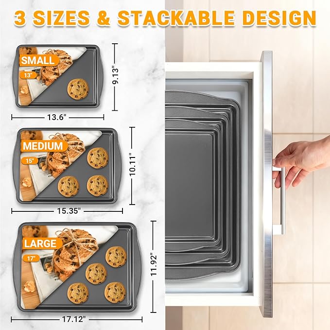 Baking Pan Set of 3 - Carbon Steel Baking Sheets Set, 13/15/17 Inch, Nonstick Cookie Sheets for Baking, Rust & Warp Resistant & Stackable, Nontoxic & Heavy Duty & Easy Clean