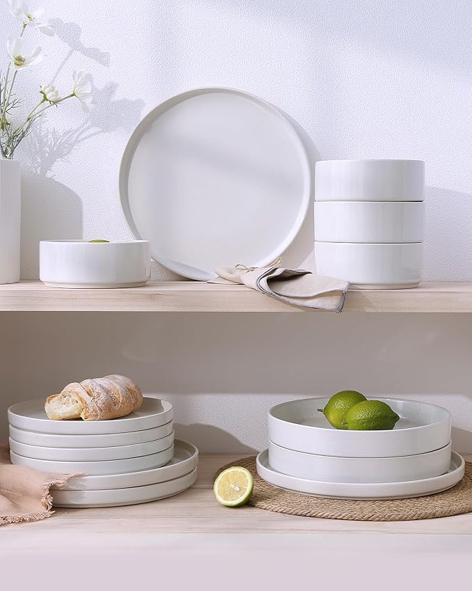 Famiware Nebula Dinnerware Set with Pasta Bowls, Service for 4 (16pcs), Fine Stoneware Plates and Bowls Sets, Microwave and Dishwasher Safe Dishes Set, White