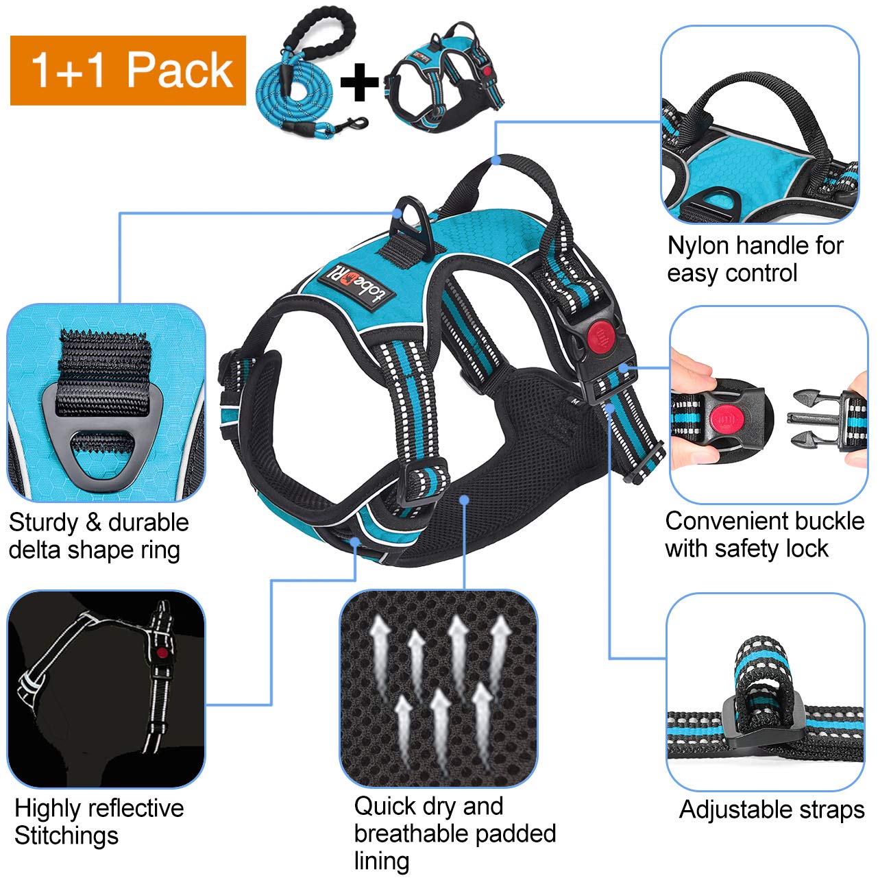 tobeDRI No Pull Dog Harness Adjustable Reflective Oxford Easy Control Medium Large Dog Harness with A Free Heavy Duty 5ft Dog Leash, Blue, L