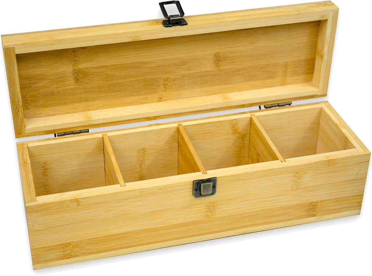Bamboo Tea Organizer Box Chemical Free Eco-Friendly Big, Tall, Adjustable Cubbies Natural Wooden Storage Chest (4-Slot Across 14.3"x 4.4" x 4.2")