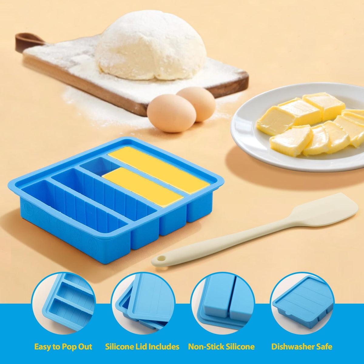 Silicone Butter Mold with Lid & Spatula, Non-Stick Butter Maker Tray and Container for Homemade Butter Storage, Baking, Freezing