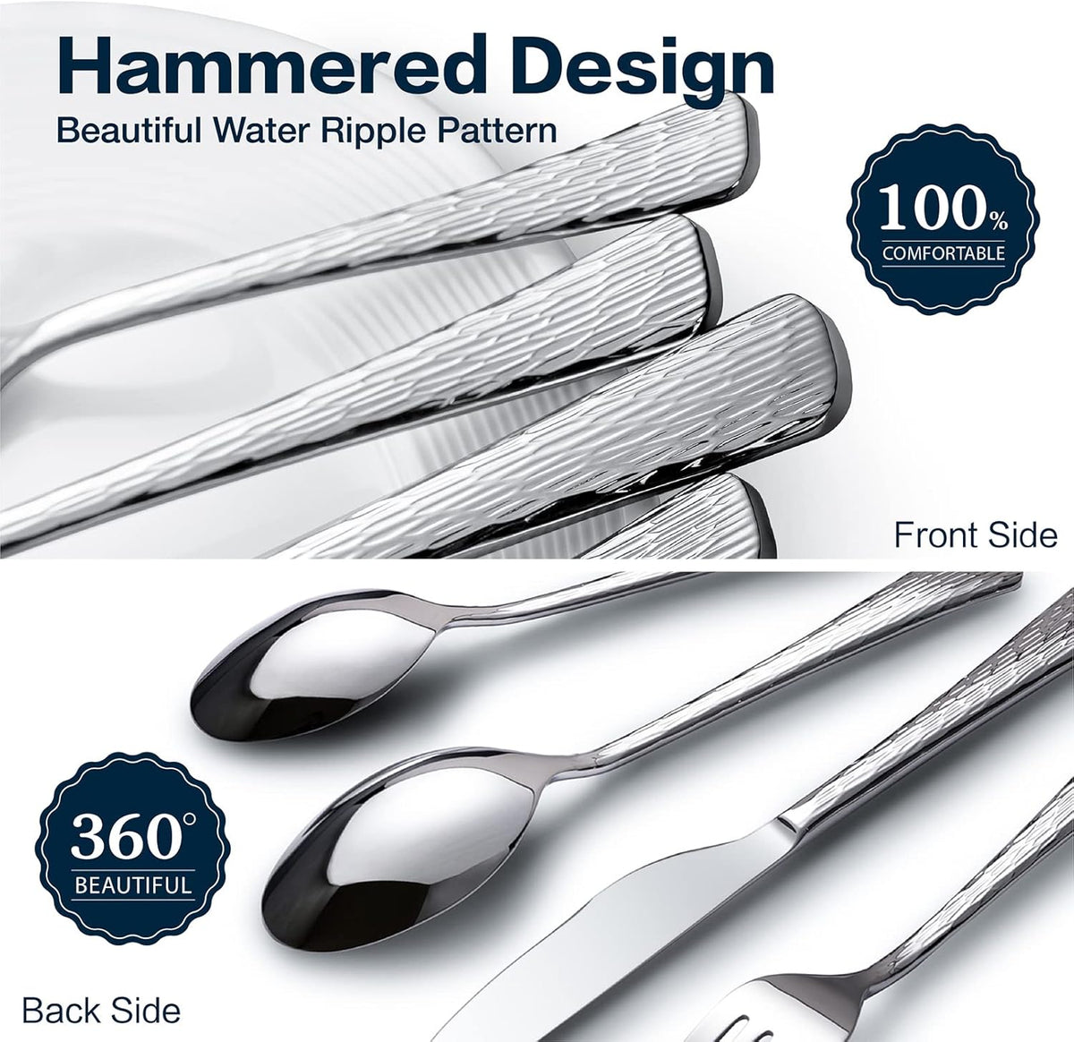 KINGSTONE Hammered Silverware Set, Flatware Set, 18/10 Stainless Steel Premium Cutlery with Unique Ripple Handles Design Mirror Polished - Dishwasher Safe (20-Piece)