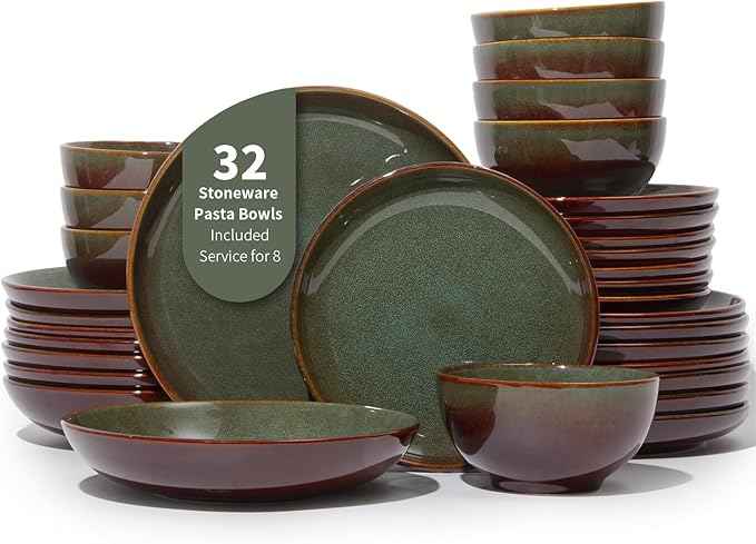 32 Piece Double Bowl Dinnerware Sets with Pasta Bowls, Highly Chip and Crack Resistant Plates and Bowls Sets, Natural Earthyware Ceramic Dishware Sets, Service for 8 Brown Green