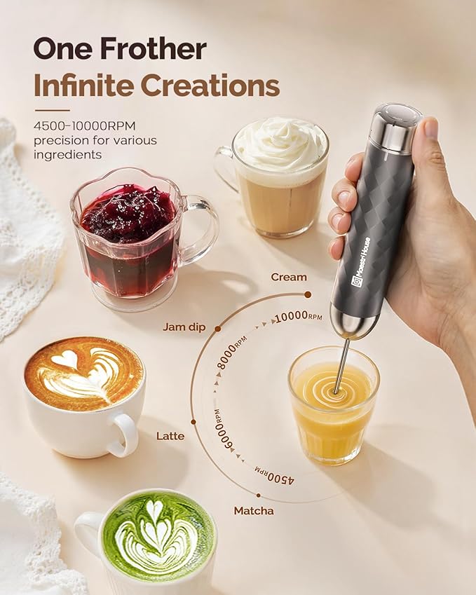 Maestri House Rechargeable Milk Frother with Stepless Speed Control, LunaFro 2.0 Handheld Electric Foam Maker Waterproof Drink Mixer Foamer for Lattes, Cappuccino