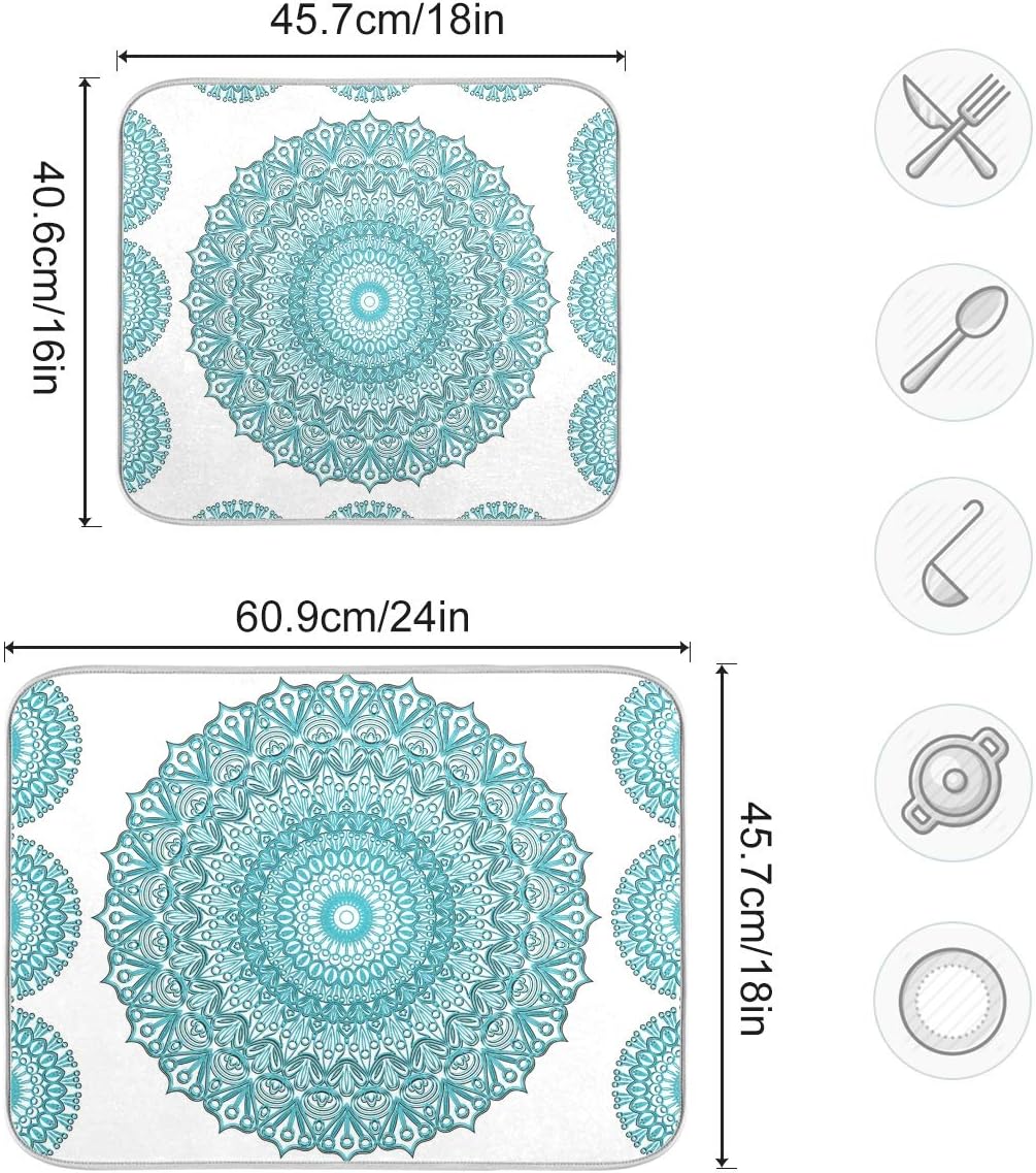 Super Absorbent Dish Drying Mat, Microfiber Fast-Drying Dish Mat, 24" x 18", Kitchen Dish Drying Pad, Boho Ethnic Turquoise Mandala