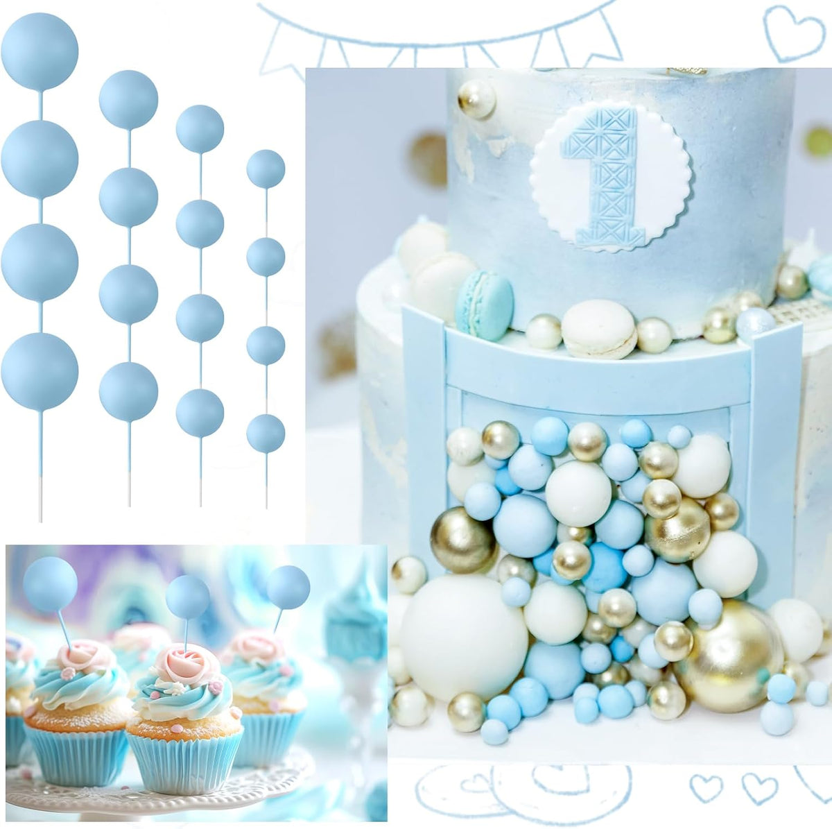 48 Pcs Balls Cake Topper Decorations Balloon Cupcake Toppers Foam Cake Topper Balls Cake Balls Decorations for Birthday Party Wedding Anniversary Cake Decorating (Light Blue)