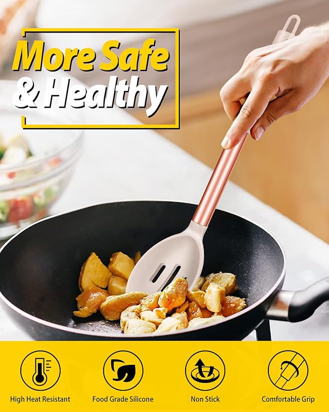 Pack of 2 Large Silicone Cooking Spoons,Non Stick Solid Basting Spoon,Heat-Resistant Kitchen Utensils for Mixing,Serving,Draining,Stirring (ROSE GOLD KHAKI)