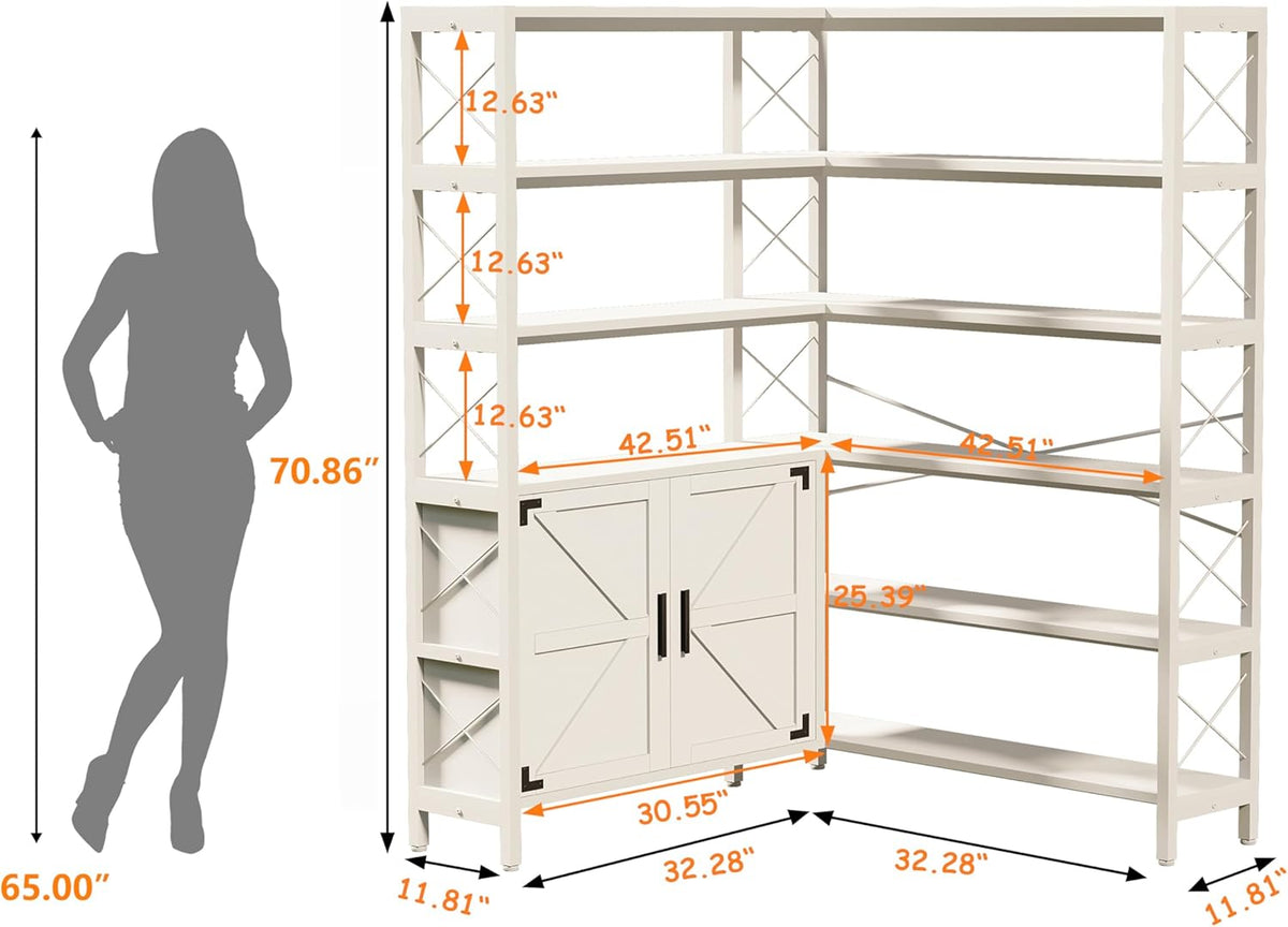 6-Shelf Corner Bookshelf, Vintage Industrial Corner Shelf Etagere Bookcase, Large Book Shelf with Metal Frame Open Storage Corner Cabinet (White-Lockers, Large)