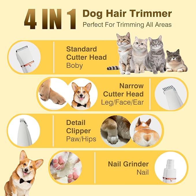 2025 New Petium 4-in-1 Dog Grooming Clippers Kit-Quiet Dog Nail Grinder & Paw Trimmer,Low Noise Cordless Pet Shaver for Small Dogs & Cats,USB-Rechargeable, 6 Guide Combs