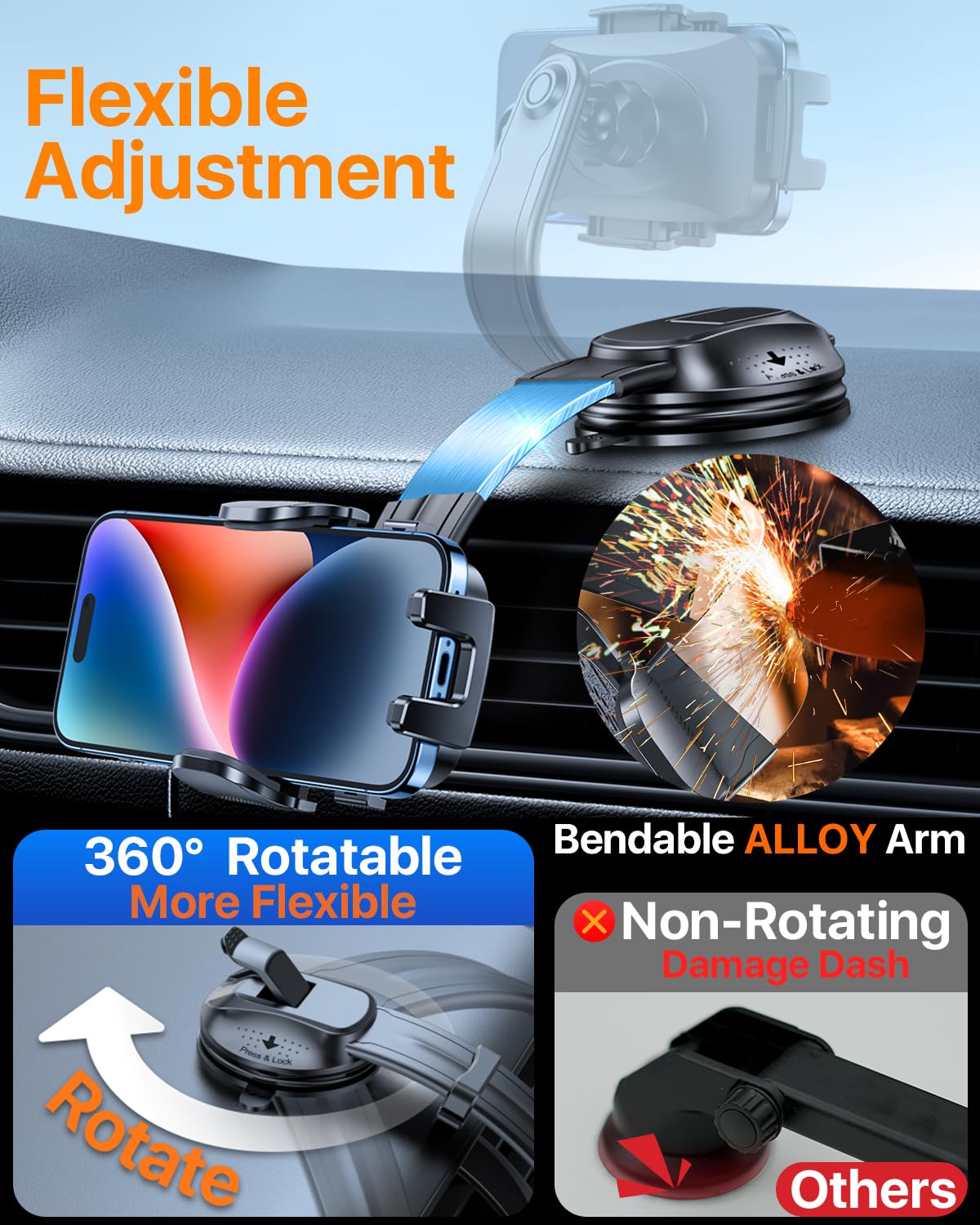 HTU Upgraded Strongest Suction No Block View Bendable Arm Car Phone Holder