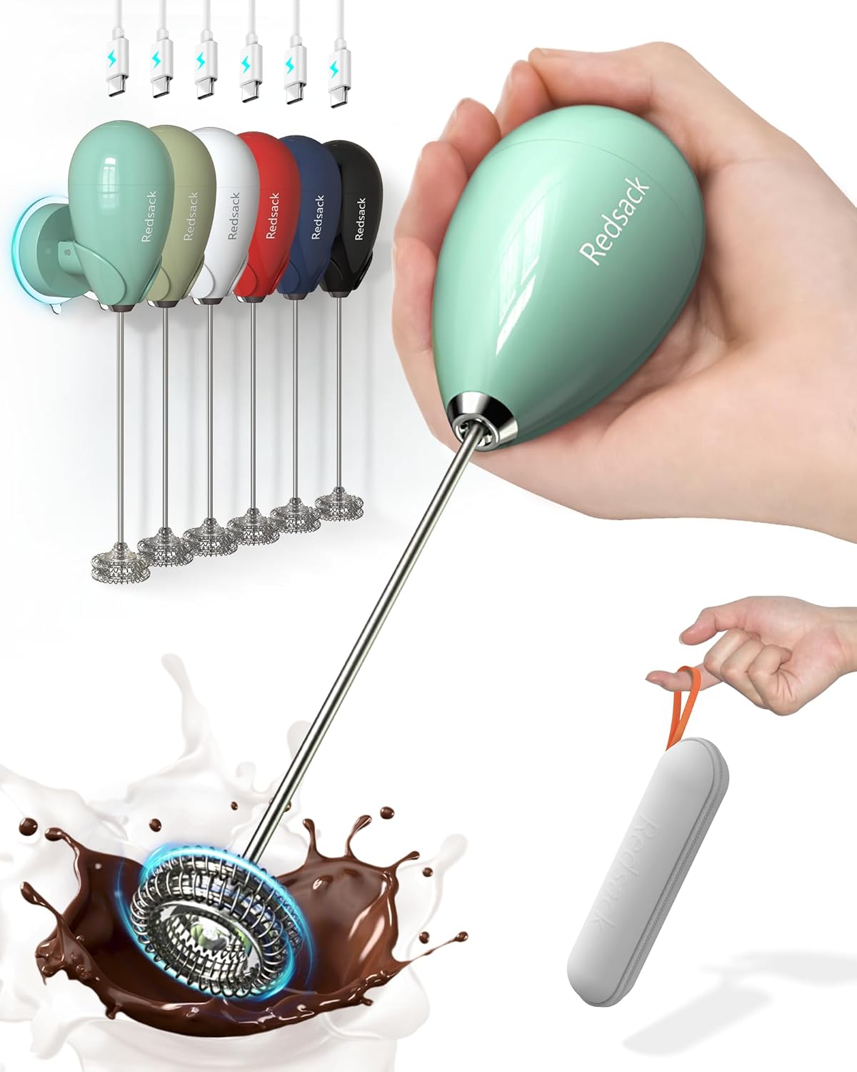 Milk Frother Handheld with Case,USB C Rechargeable Frother Wand for Coffee, Portable Electric Whisk with Stand,Waterproof Hand Drink Mixer Travel for Lattes, Cappuccino, Matcha, Egg (Teal)